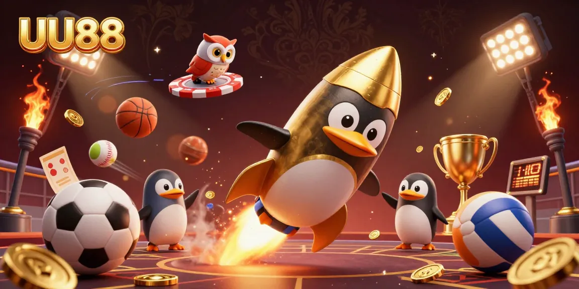 Engage with the UU88 universe featuring a dynamic penguin blasting through space to a casino.