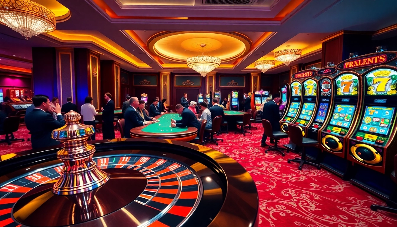 C168 casino scene featuring excitement at poker tables and a vibrant roulette wheel, showcasing a luxurious atmosphere.