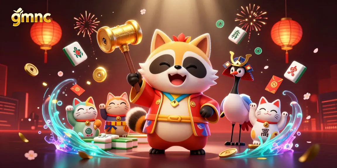 Experience luck with GMNC as cheerful tanuki celebrates with festive symbols!