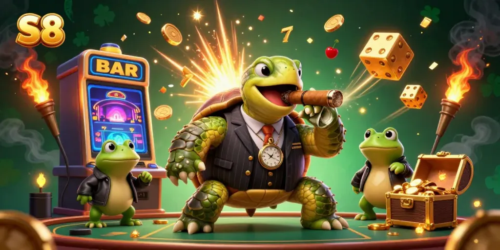 Experience the thrill at S8's 3D casino with vibrant characters and spectacular winnings.
