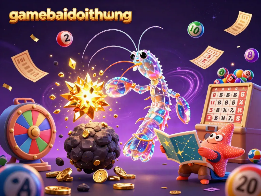 Experience the thrill of gamebaidoithuong with a 3D mantis shrimp punching through an asteroid, scattering gems and coins.