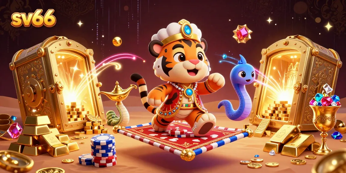 Experience the excitement of sv66 with a vibrant casino-themed 3D illustration showcasing a sultan and sparkling treasures.