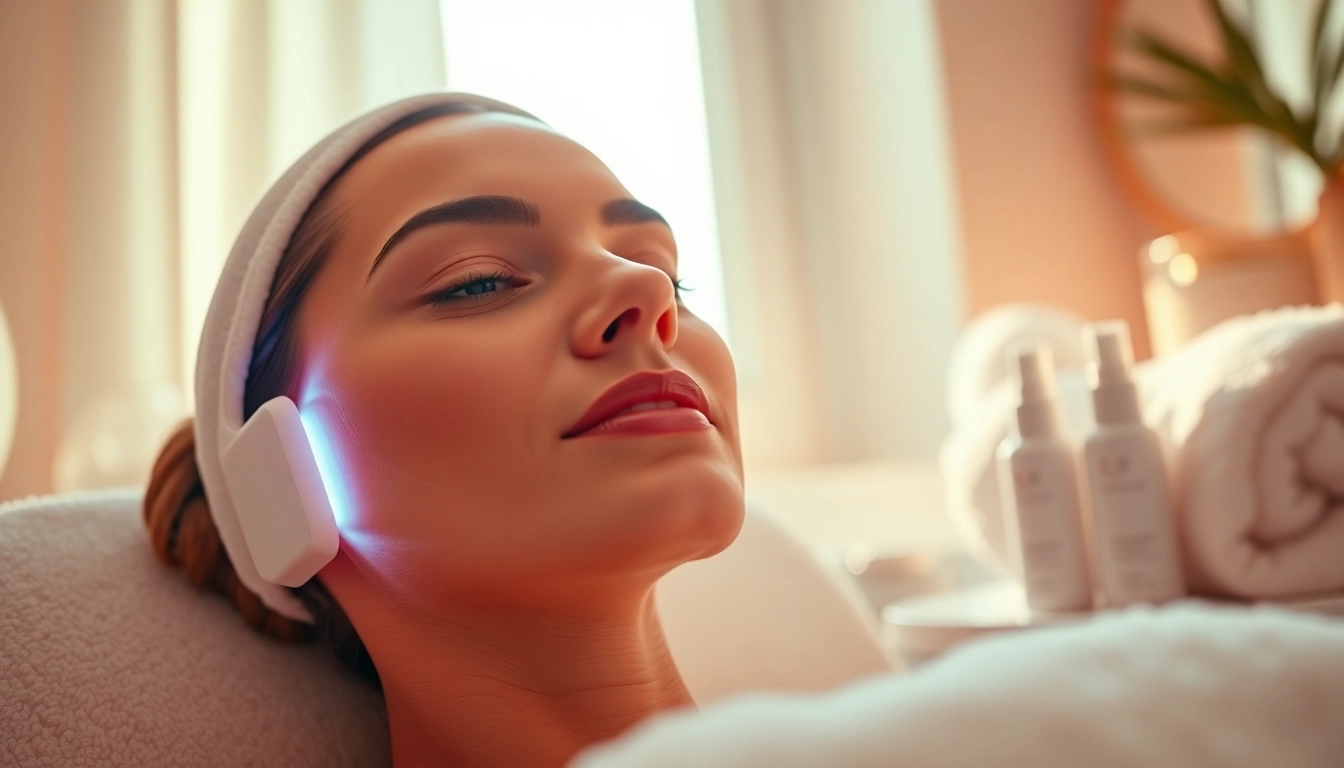 Woman using a led ansiktsmask in a serene skincare setting for rejuvenation.