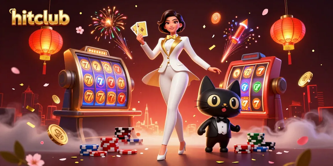 Engage with hitclub's thrilling slots as our stylish dealer shuffles cards amidst casino elements.