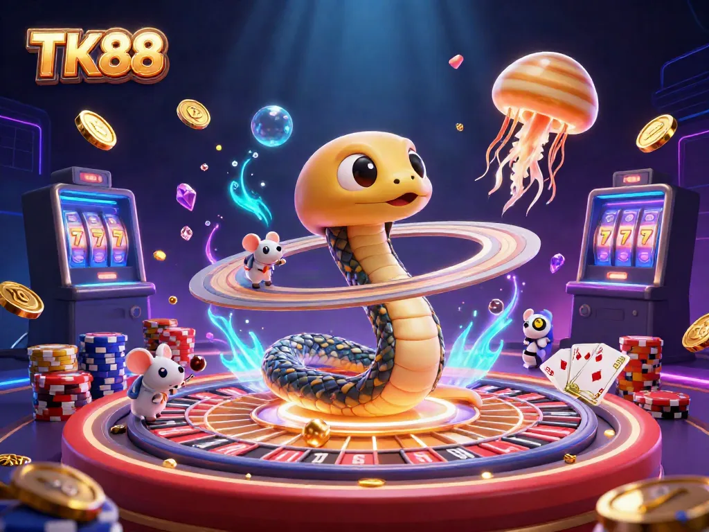Experience the thrill of TK88 with vibrant cosmic characters and immersive casino elements.