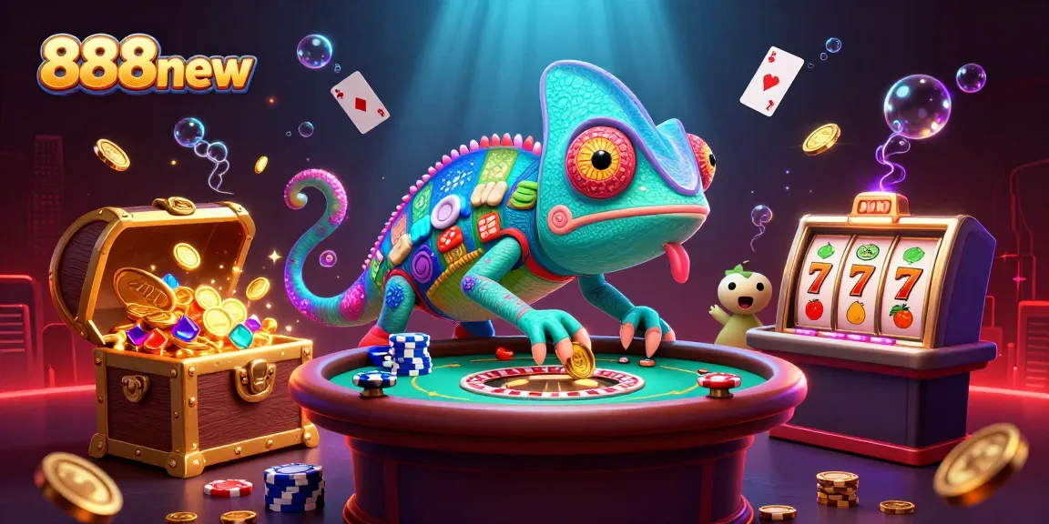 Win big at 888new with a vibrant casino scene featuring a colorful chameleon owner and exploding treasures.