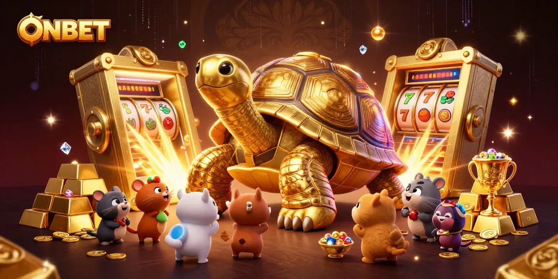 Experience the fun at ONBET with a golden tortoise pinball, slot reels, and treasures.