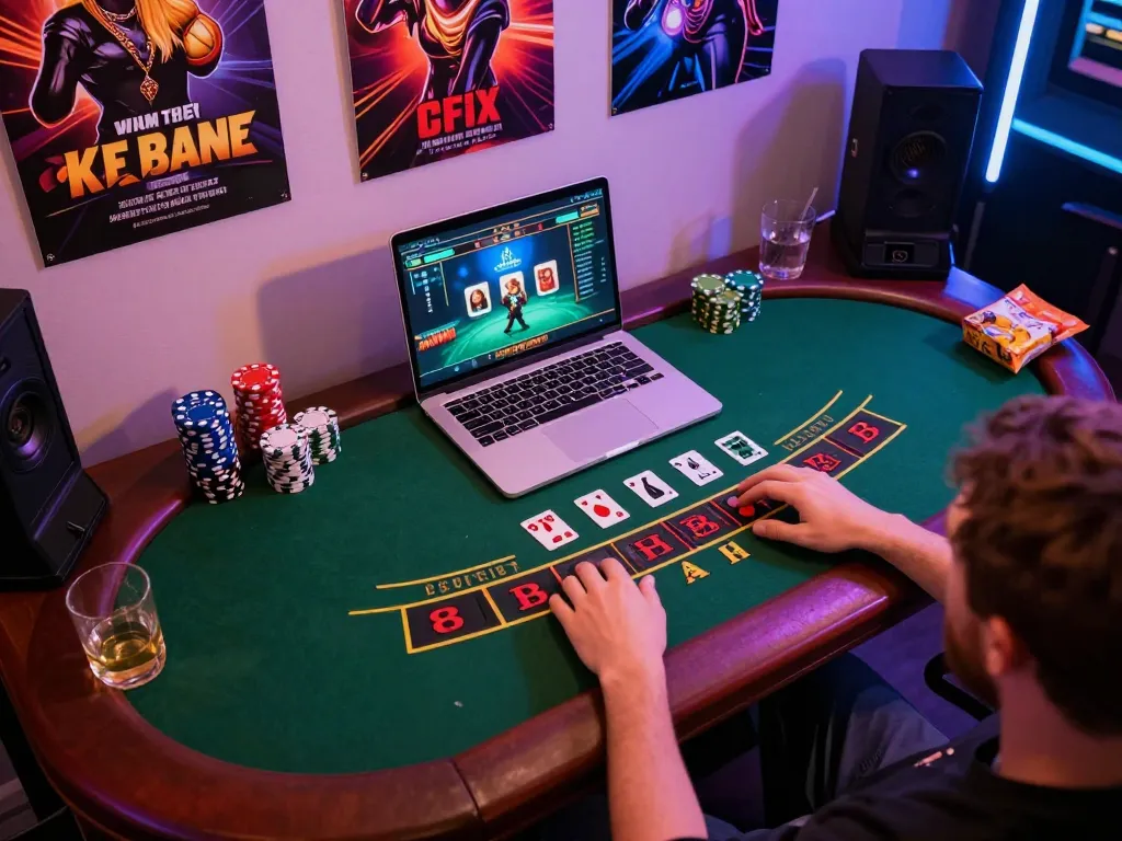 Engaging player enjoying 28bets casino live dealer blackjack on laptop, colorful gaming setup, exciting home atmosphere.