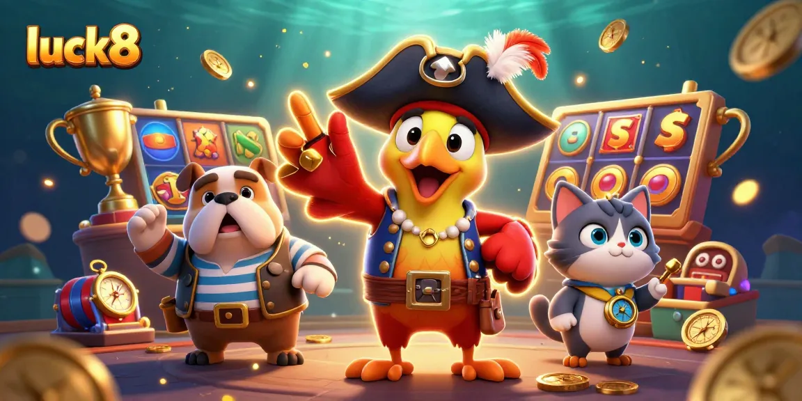 Experience luck8's vibrant casino gaming scene with pirate characters and dynamic slot elements.