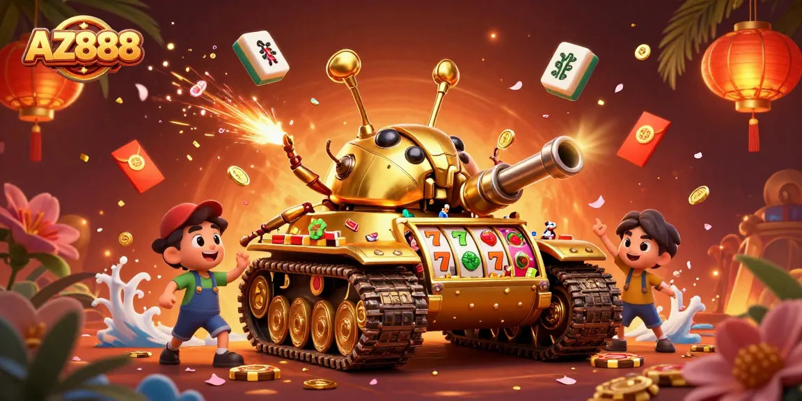 Experience thrilling action with AZ888's lively casino display amidst vibrant 3D elements.