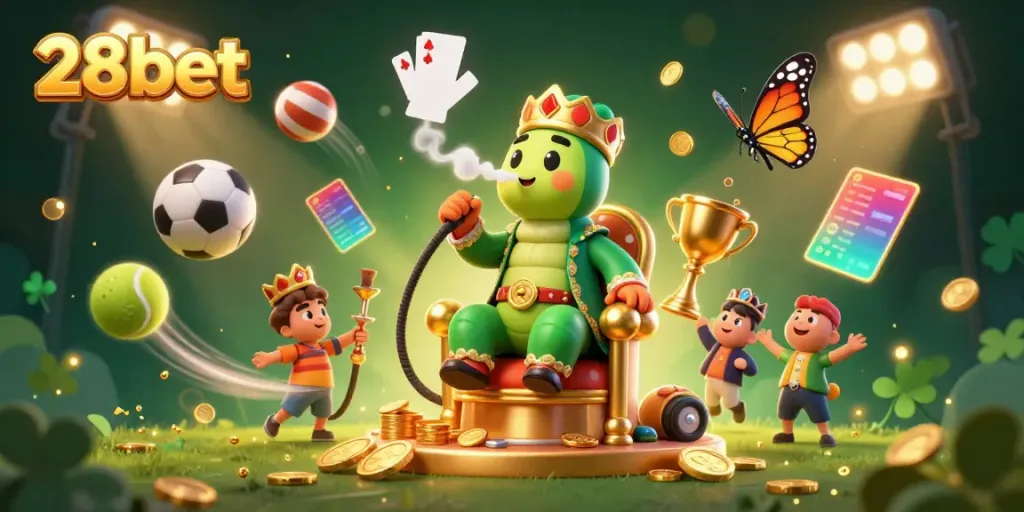 Experience 28bet's dynamic gaming vibes with an ultra-detailed illustration of a whimsical caterpillar and casino elements.
