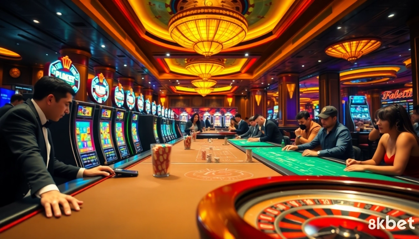 Exciting action at 8kbet's casino, featuring players at poker tables and vibrant slot machines.