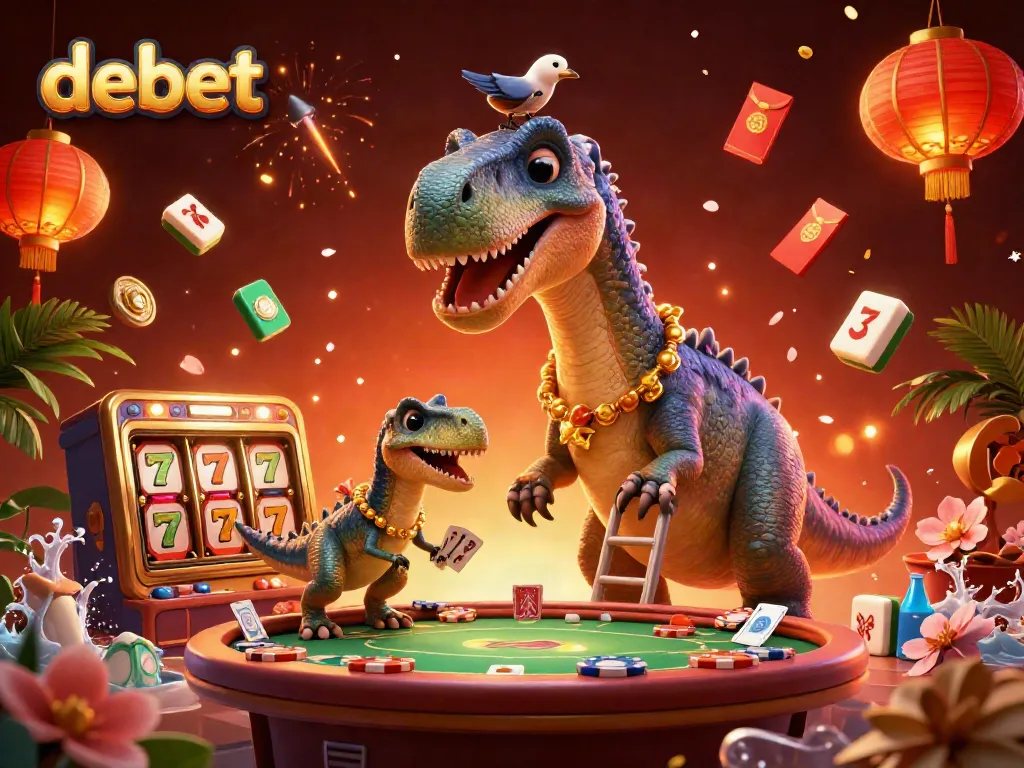 Experience the thrill of debet with a lively casino scene featuring a dinosaur, card games, and festive decorations.