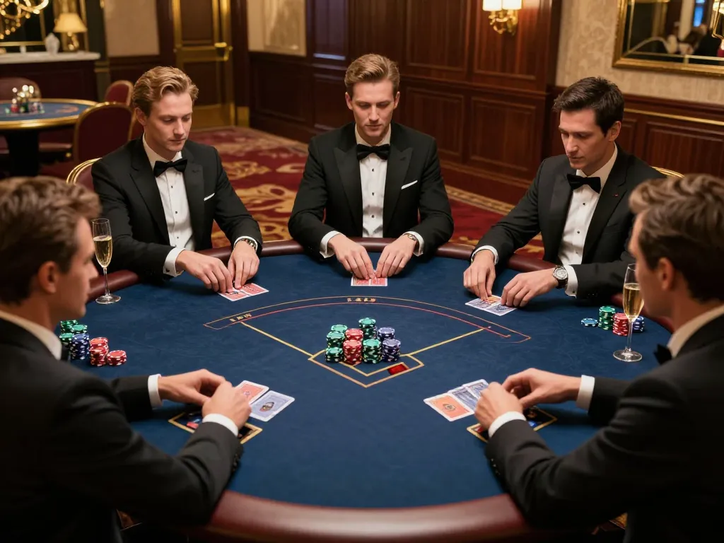 Engaged players participating in a strategic lu88 game at a luxurious poker table setting, emphasizing high-stakes tension and luxury.