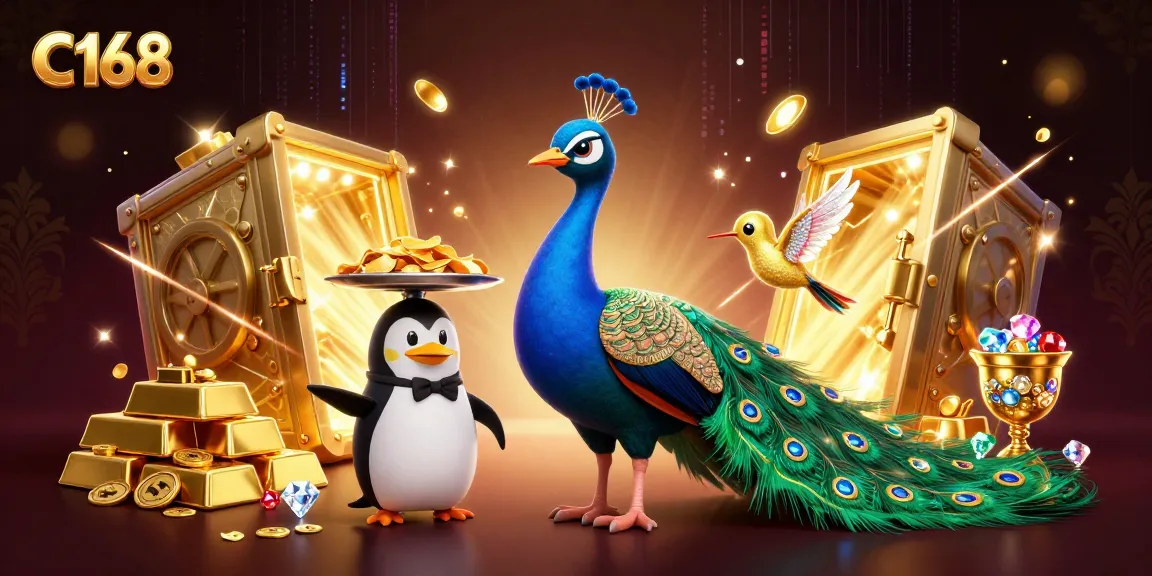 C168's vibrant casino scene showcases an aristocratic peacock, a butler penguin, and a hummingbird amidst golden treasures and dynamic game elements.