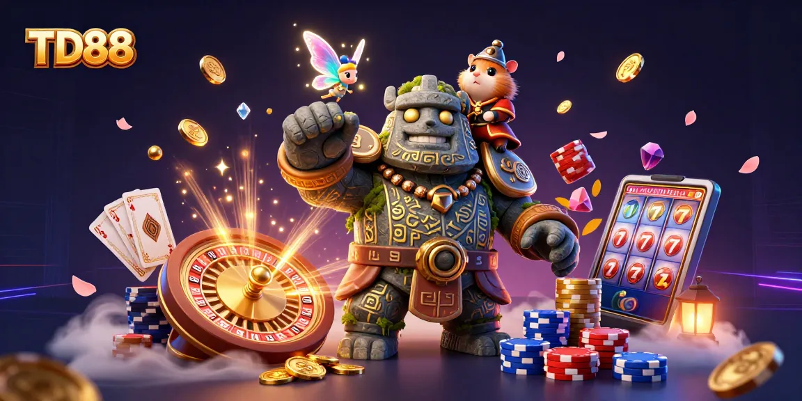 Experience the excitement of TD88 with a magical scene of a golem guardian, a fairy, and treasure.