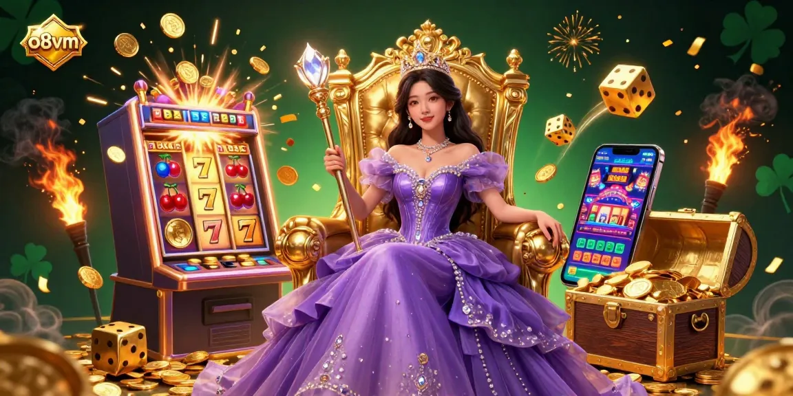 Engage in thrilling jackpots with o8vm's vibrant casino scene showcasing a royal character and game elements.