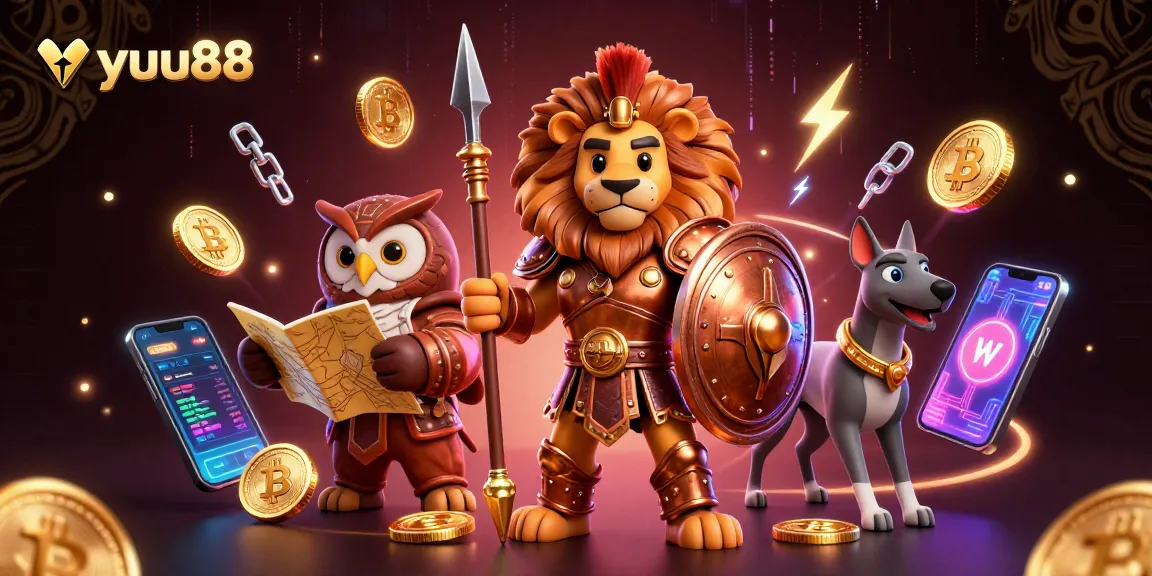 Experience winning strategies with yyuu88's dynamic gaming scene featuring 3D characters and crypto elements.