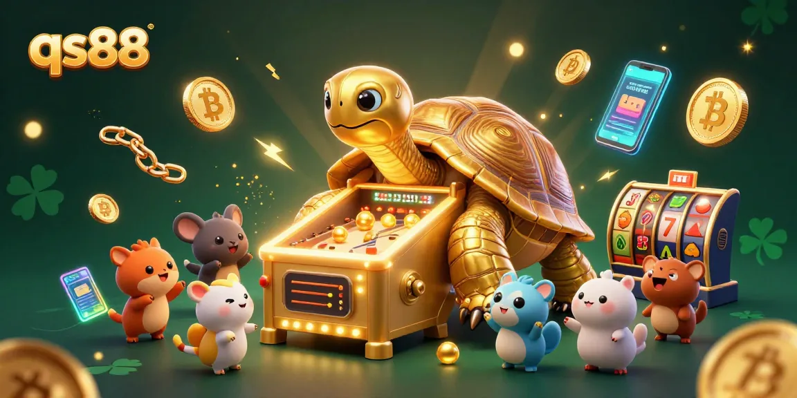 Spin the reels with qs88 in this vibrant, packed casino illustration featuring a colossal tortoise and crypto elements.