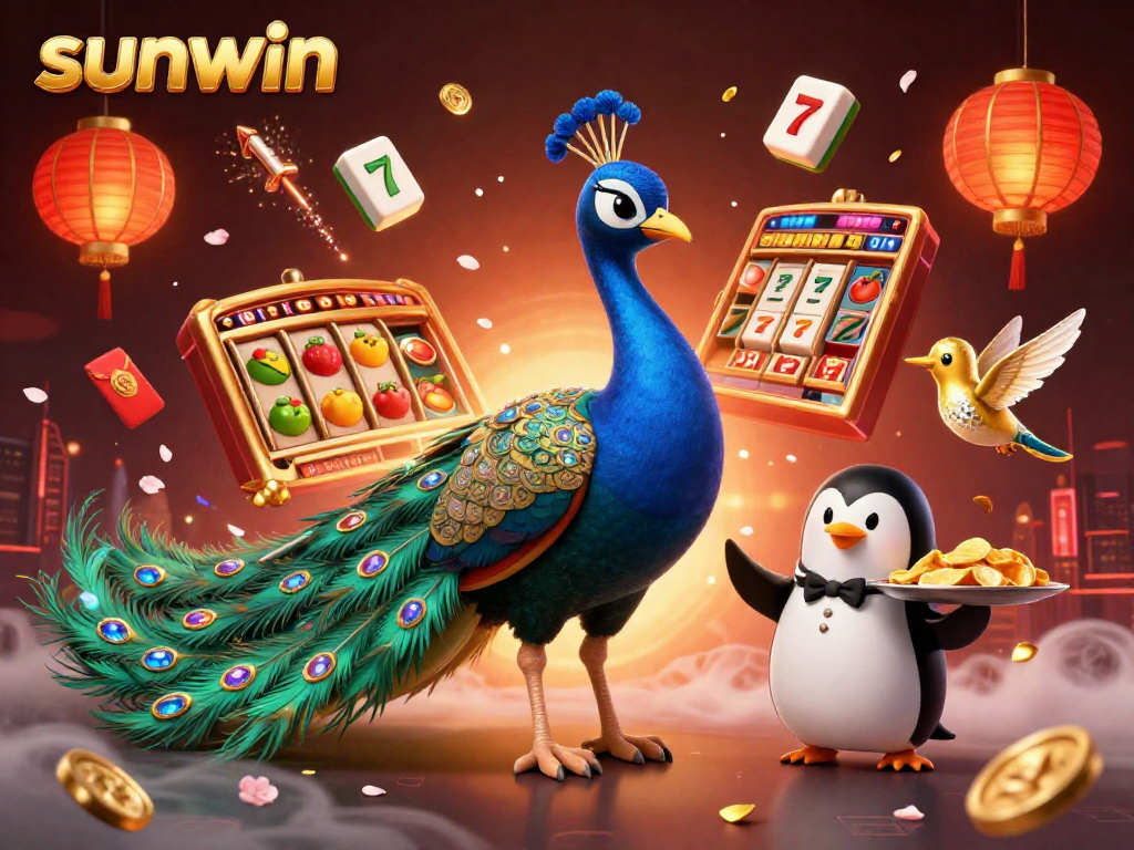 Experience sunwin's vibrant casino atmosphere with a peacock, penguin, and hummingbird among gaming elements.
