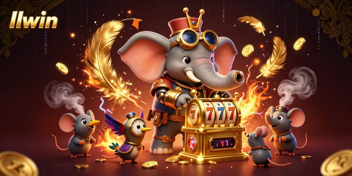 Spin the golden slot machine at llwin, surrounded by colorful casino elements and whimsical characters.