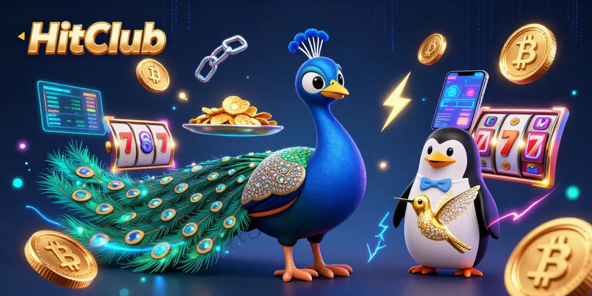 HitClub showcases a vibrant casino scene with three colorful characters celebrating big wins with exciting gambling elements.