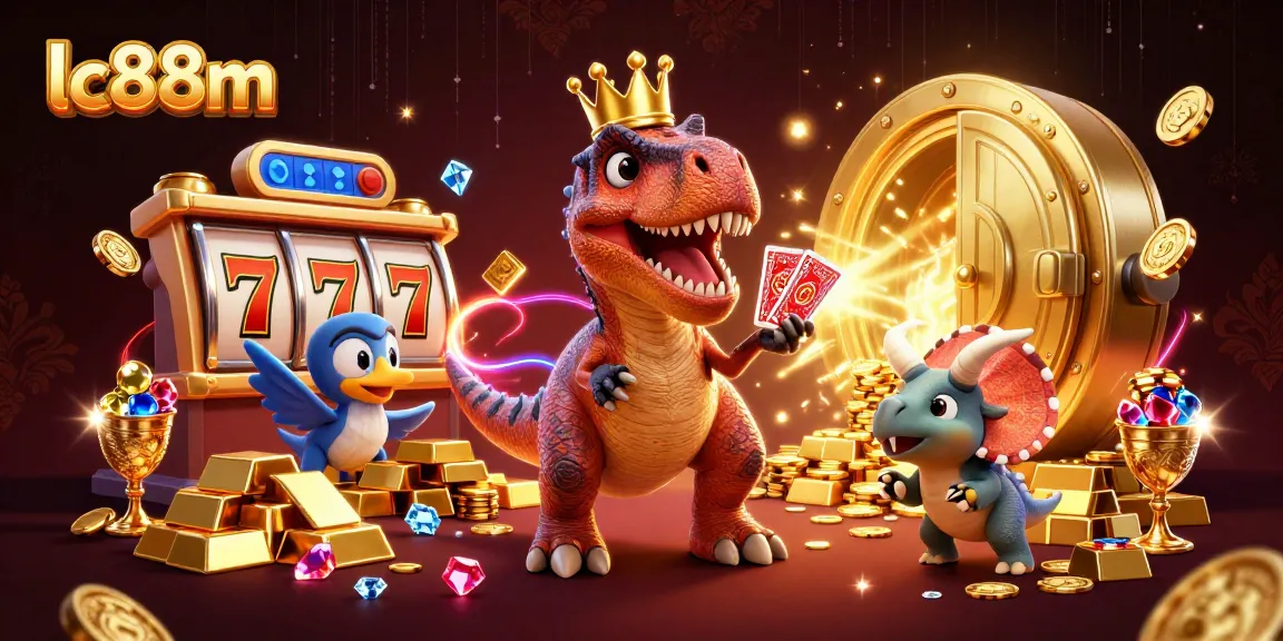 Engage in thrilling gameplay at lc88m with a lively scene of cartoon dinosaurs enjoying casino success.