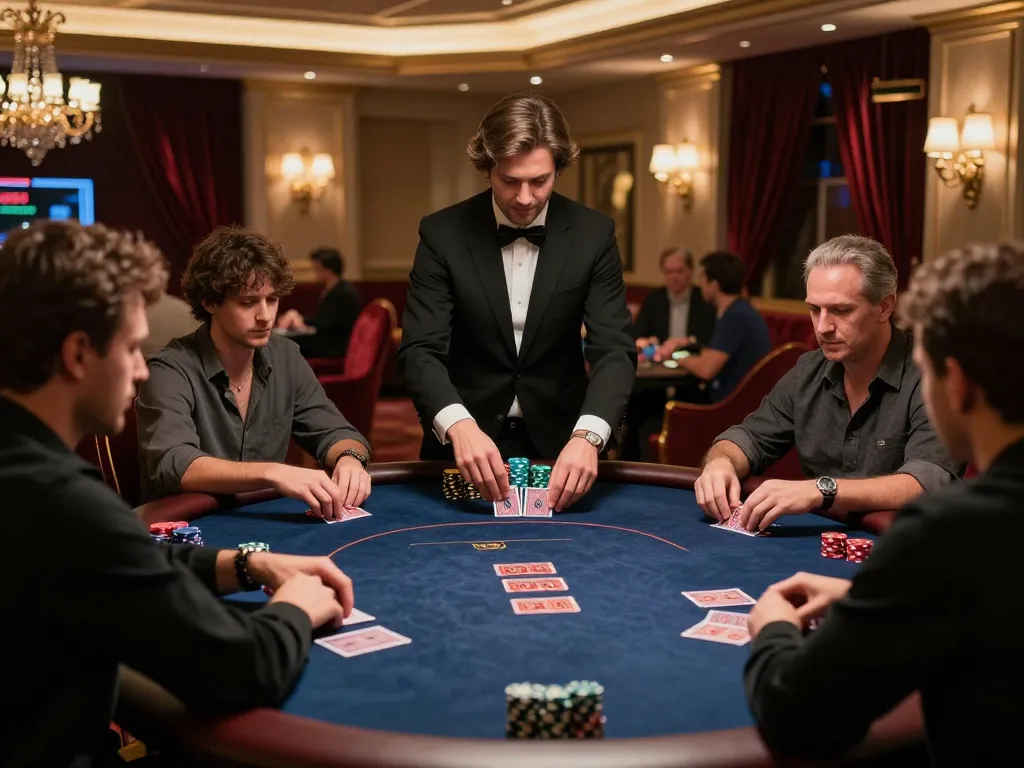 RR88 poker players engaged in a thrilling high-stakes game at a luxurious casino
