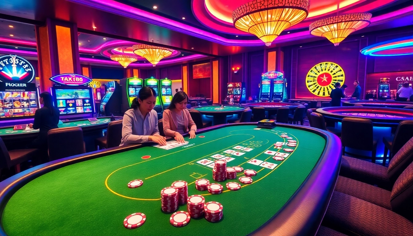Experience the thrills of gambling at https://max88.faith/ with an exciting casino layout illustrating players engaged in blackjack.