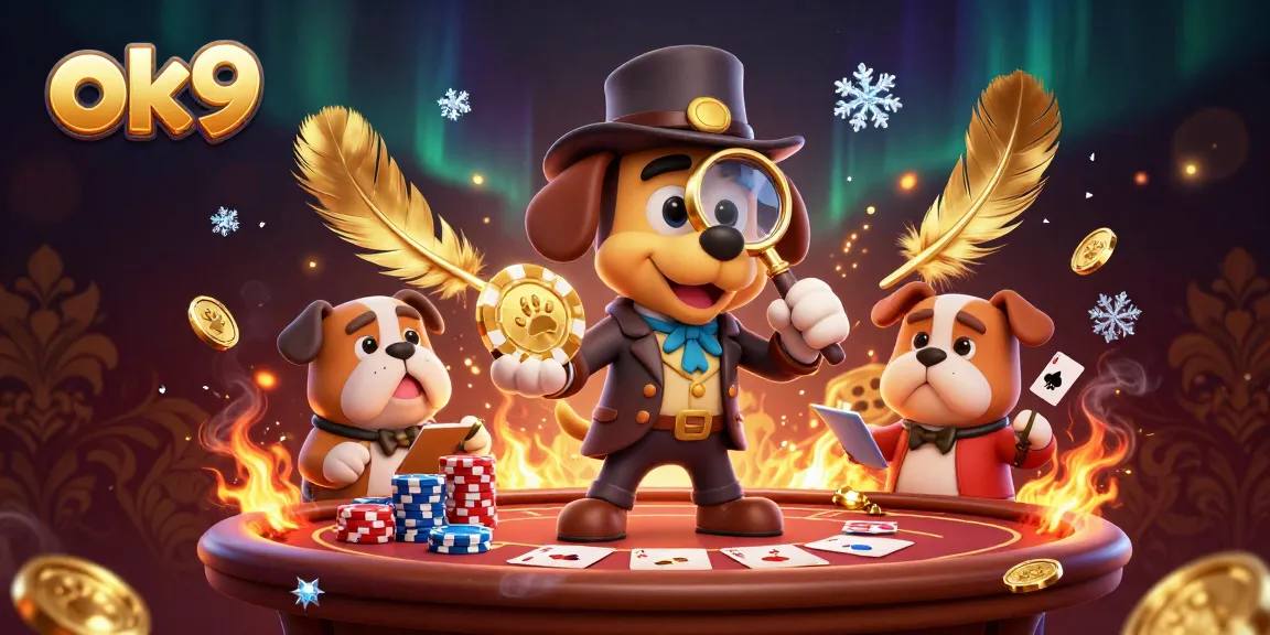 ok9 detectives uncovering poker clues amidst gold coins and betting tokens in a thrilling casino scene