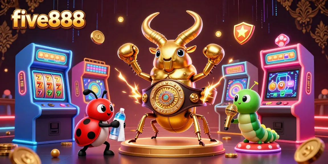 Engage with five888's vibrant gaming scene featuring a boxing stag beetle and immersive casino gameplay.