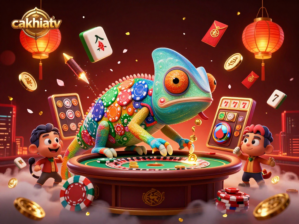 Cakhiatv captivates with vibrant 3D casino illustration showcasing a talented chameleon owner snatching golden coins.