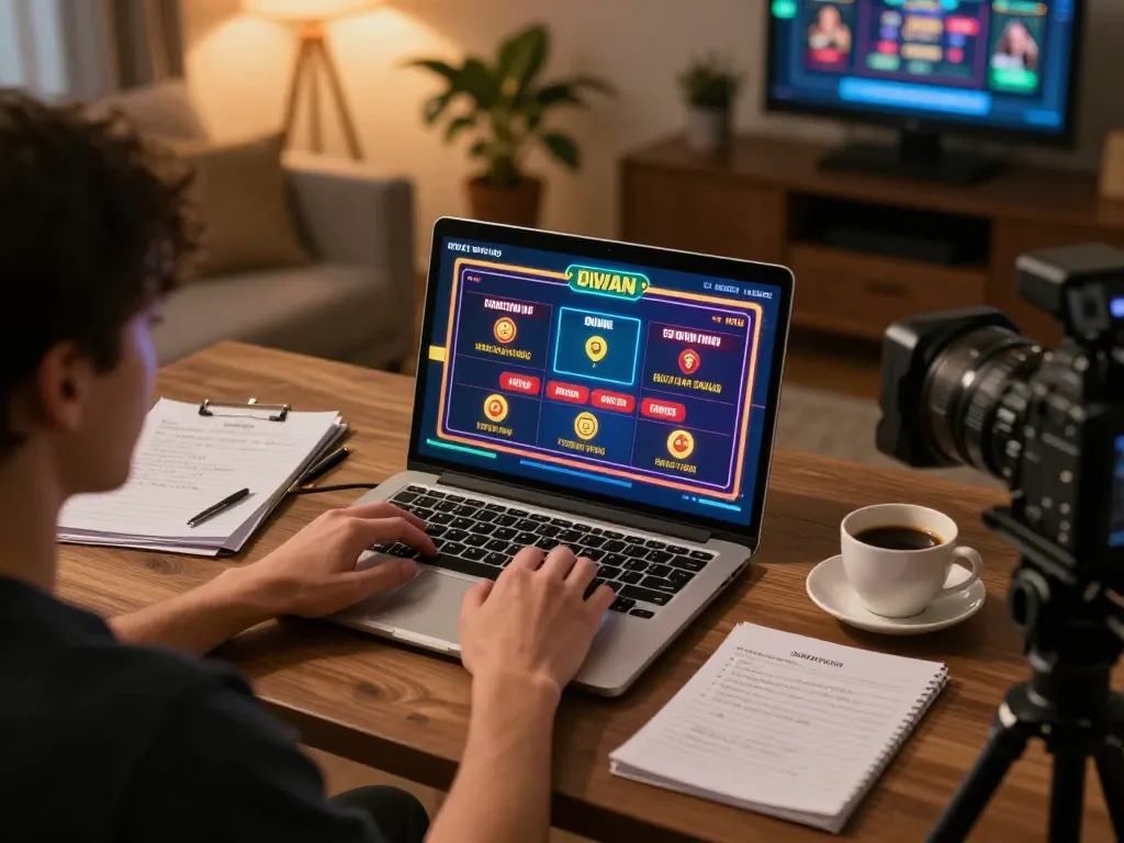 Player enjoying a strategic session on 98win's online casino from their cozy home office.
