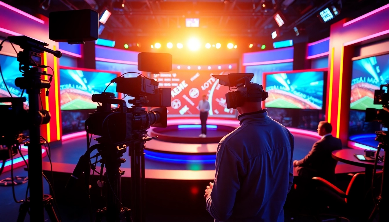 Engaging sports broadcasting studio showcasing vibrant visuals and professional technology.