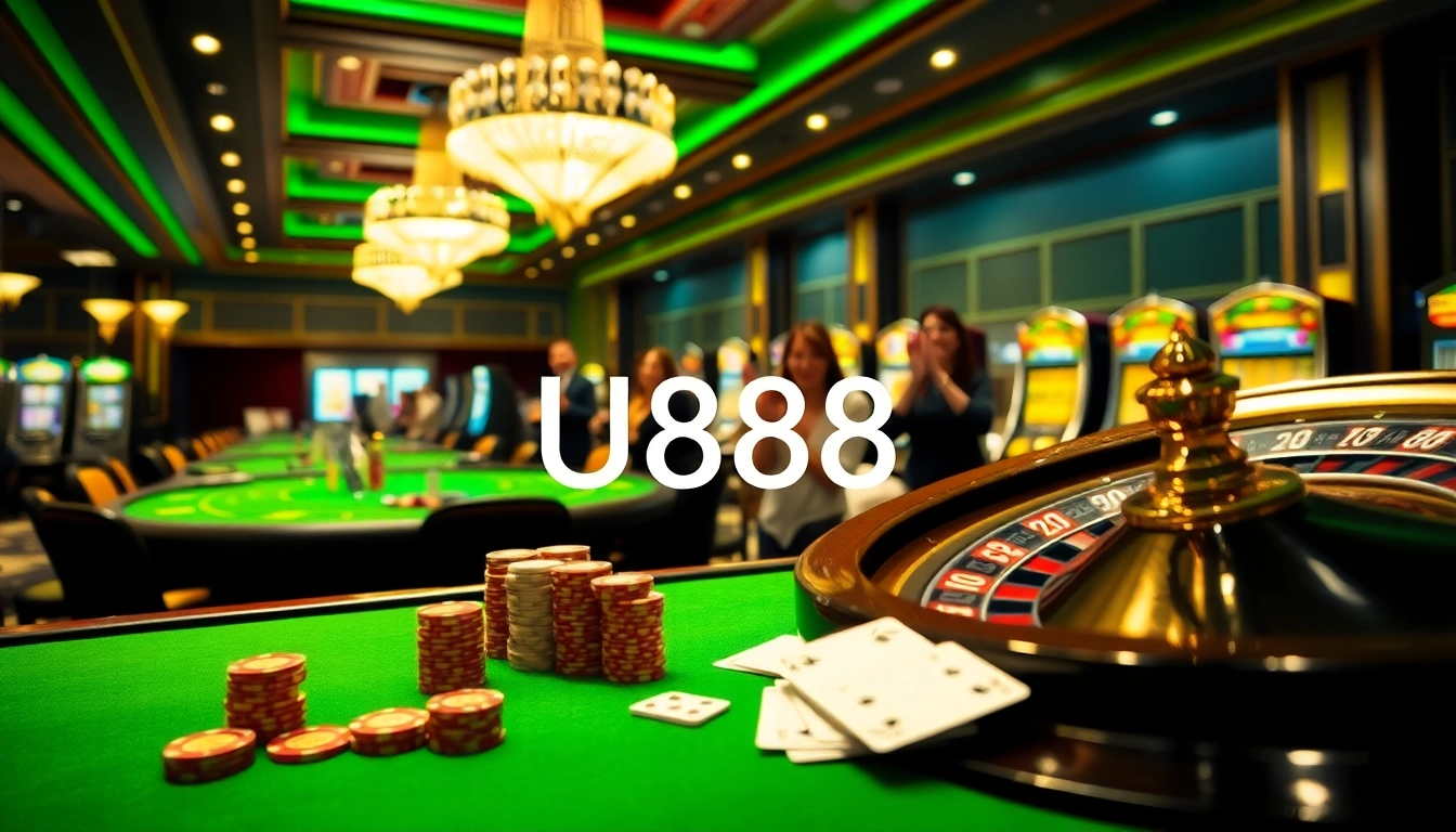 U888 casino excitement with poker tables and colorful slot machines captivating players.
