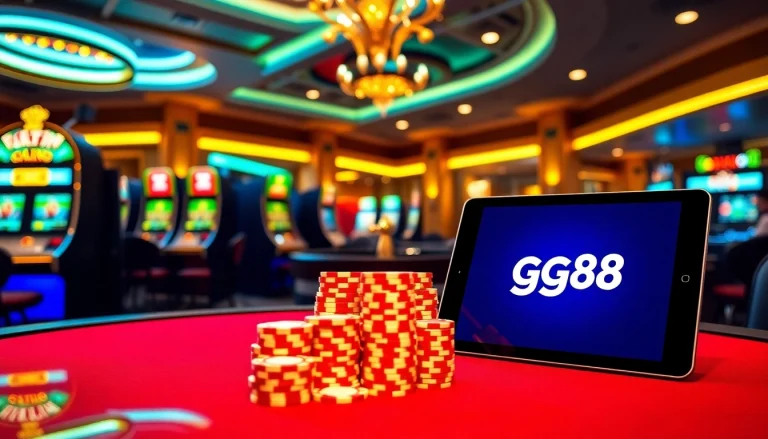 Experience the excitement of gambling with the gg88 apk showcasing vibrant slots and poker chips.