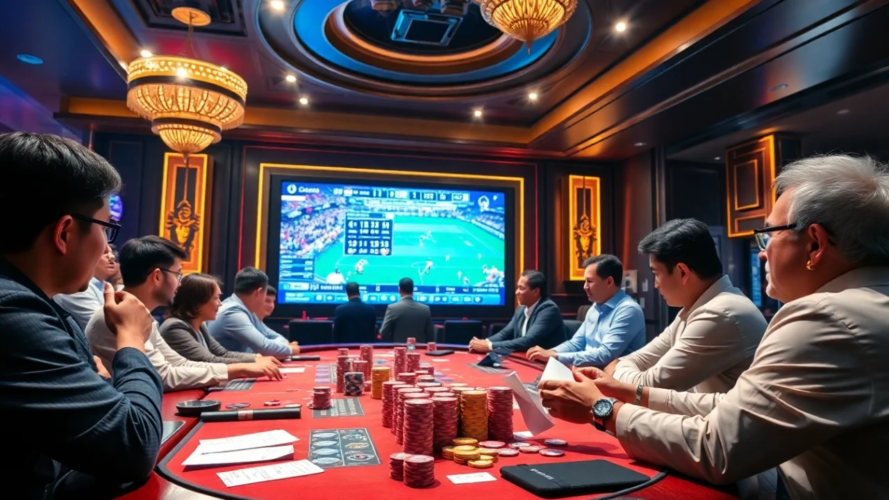 Exciting live betting atmosphere on đá gà trực tiếp with gamblers engaged at a vibrant table.