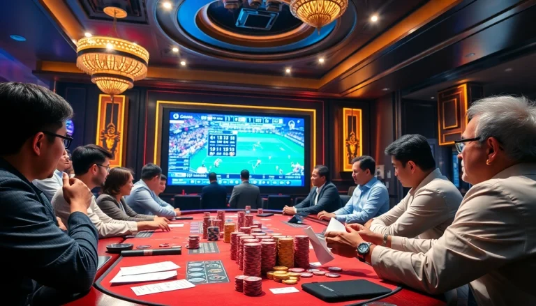 Exciting live betting atmosphere on đá gà trực tiếp with gamblers engaged at a vibrant table.