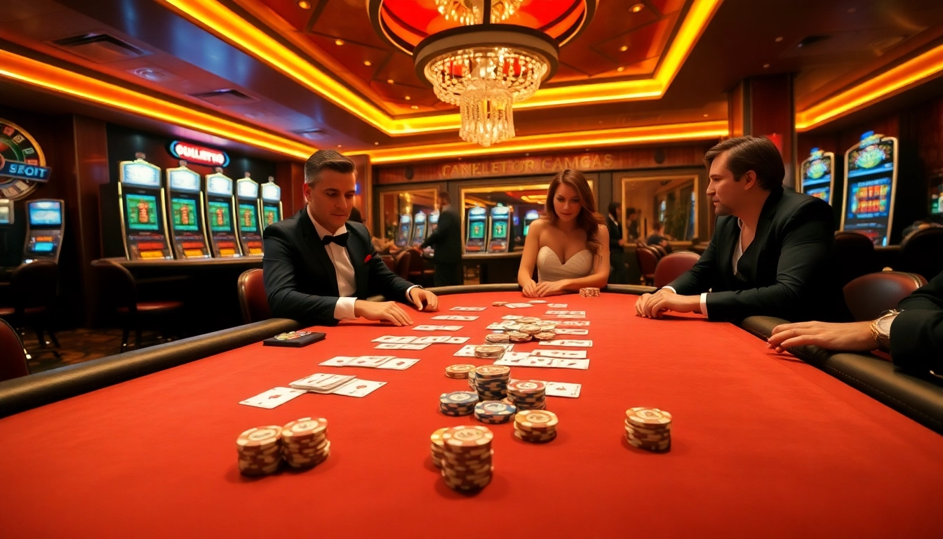 Players enjoying a thrilling game experience at XX88 casino, featuring poker chips and vibrant slot machines.
