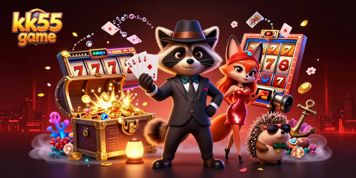 Engage in thrilling kk55 game action with a suave raccoon, fox lady, and hedgehog bouncer amidst vibrant casino elements.