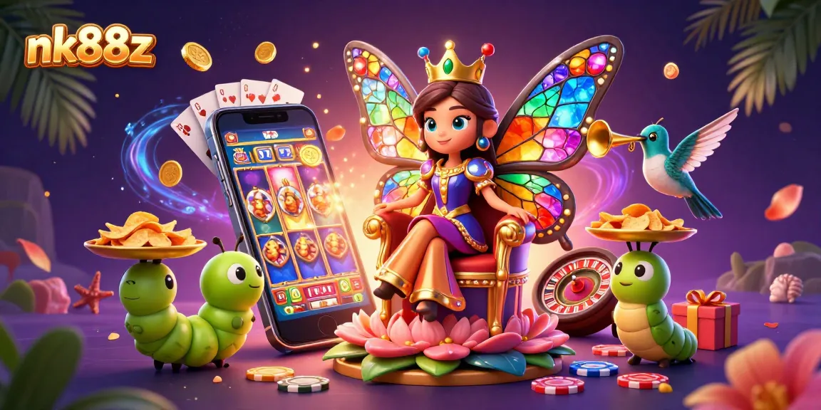 Spin the colorful reels at nk88z while the butterfly queen reigns over a vibrant casino world.