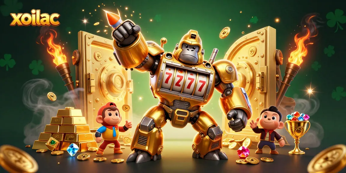 Experience the thrill of xoilac with a golden gorilla mech bursting with coins and treasures.
