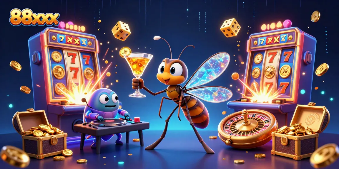 Engage with 88xx's dynamic casino scene showcasing a frozen-in-amber mosquito mascot and vibrant gaming elements.