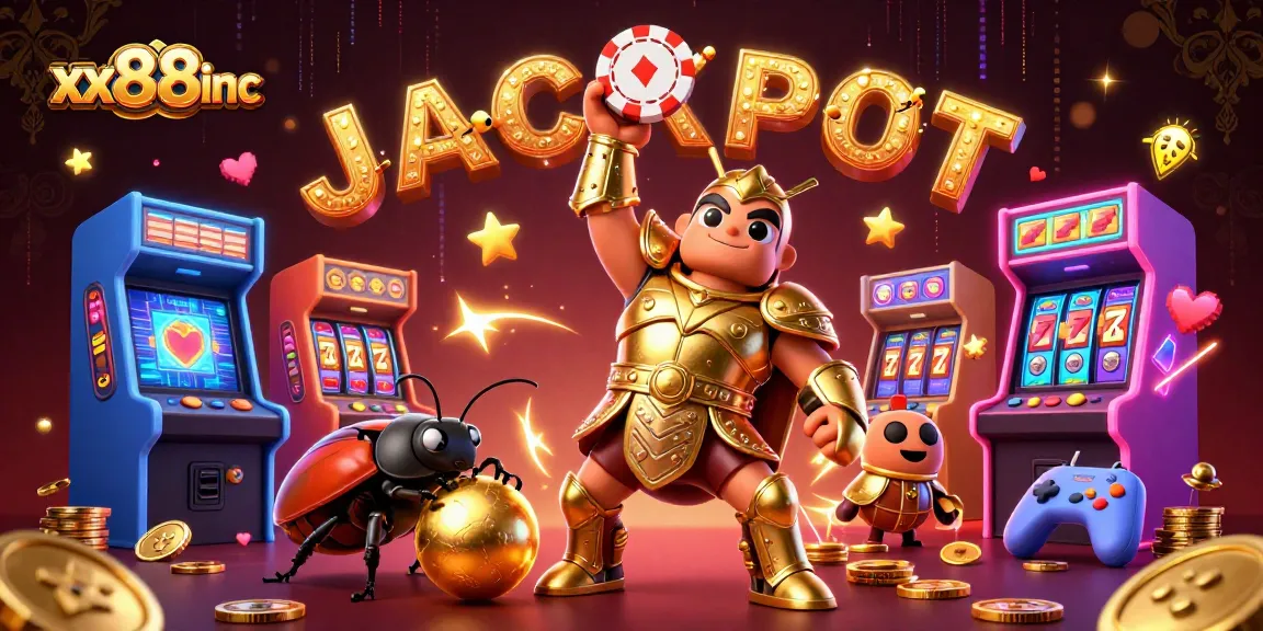 Experience the thrill at xx88inc with a victorious beetle celebrating jackpot excitement in a vibrant game scene