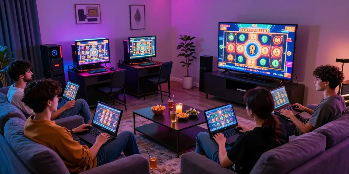 Exciting night of slot gacor gaming with friends, vibrant LED lights, and thrilling jackpot.