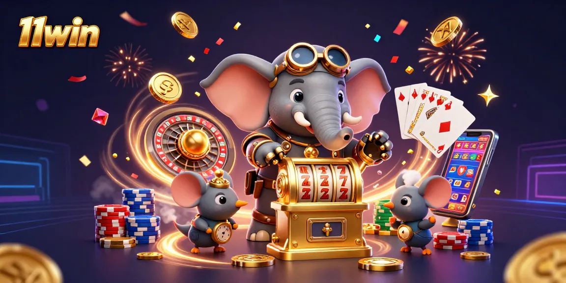 Experience excitement with 11win as a steampunk elephant spins a golden slot machine surrounded by winning treasures.